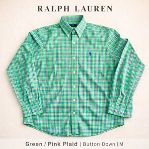 Ralph Lauren Spring Green Plaid Button Down Shirt M Stretch Cotton Long Sleeve